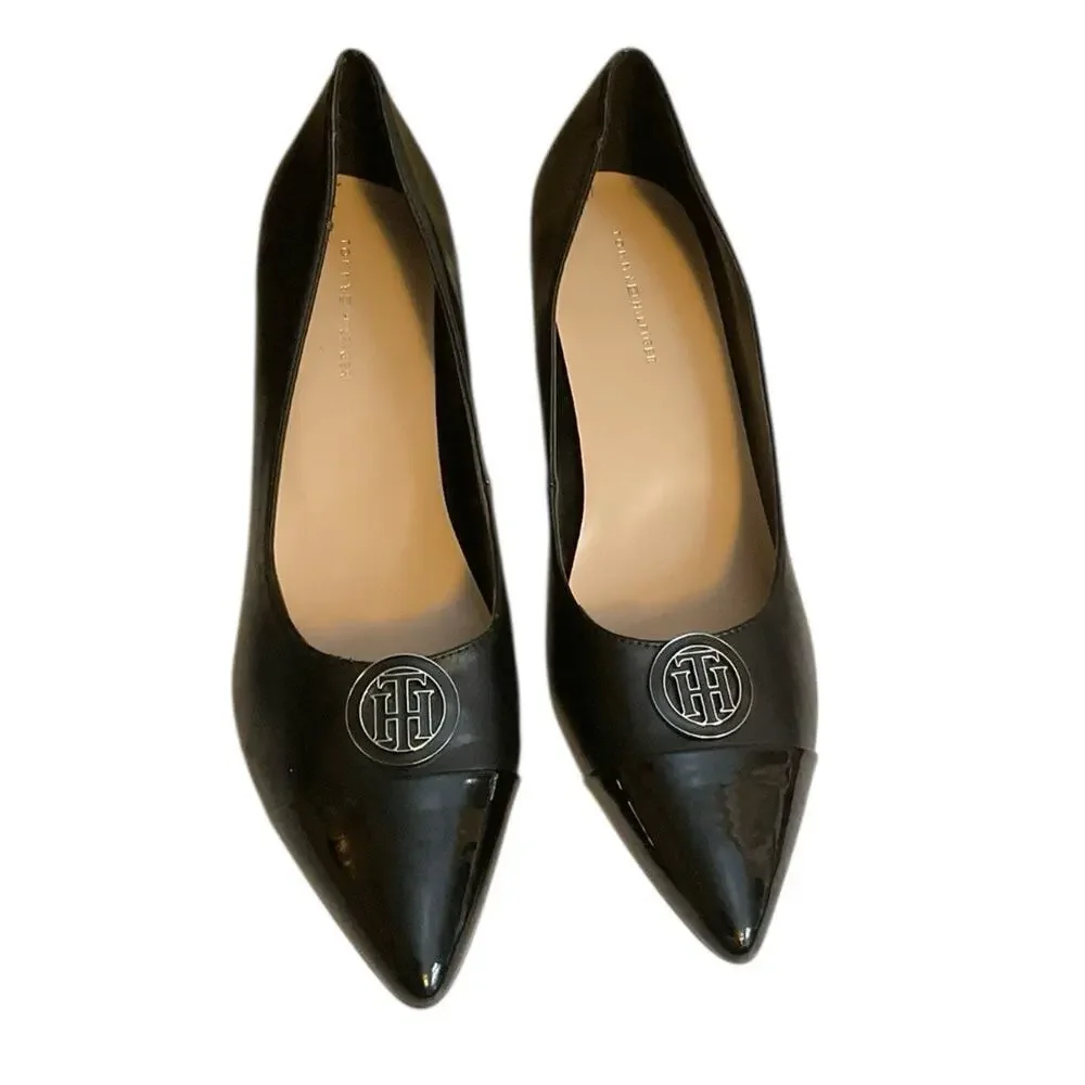 Tommy Hilfiger Women's Neysa Black Patent Toe Metal‎ Medallion Block Heels 9.5M